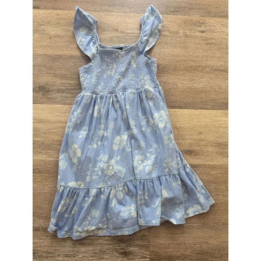 Old Navy Girls Blue Floral Smocked Flutter Sleeve Dress Pockets Size L 10-12